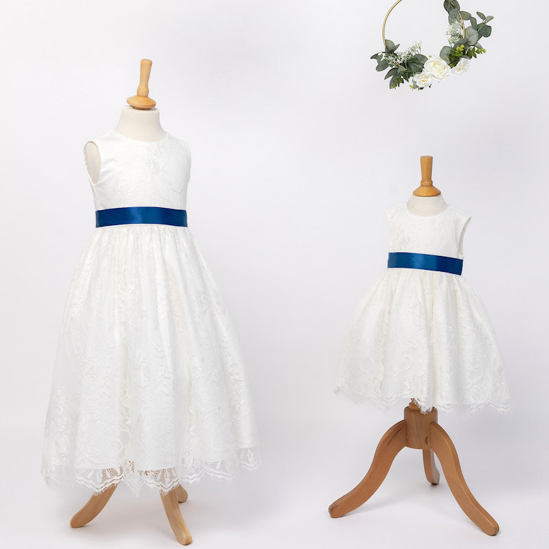 Girls Ivory Fringe Lace Dress with Midnght Blue Satin Sash