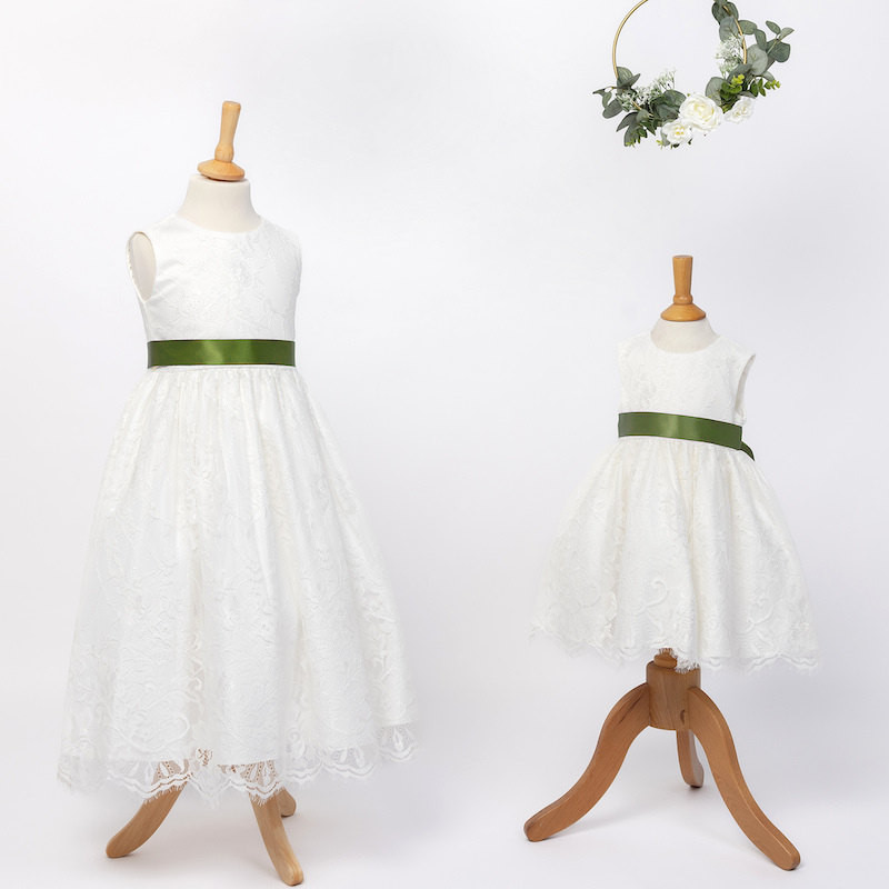 Girls Ivory Fringe Lace Dress with Moss Green Satin Sash