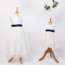 Girls Ivory Fringe Lace Dress with Navy Satin Sash