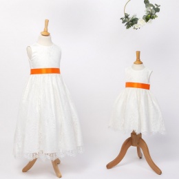 Girls Ivory Fringe Lace Dress with Orange Satin Sash