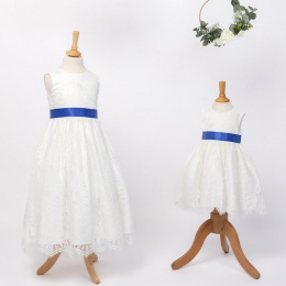 Girls Ivory Fringe Lace Dress with Royal Blue Satin Sash