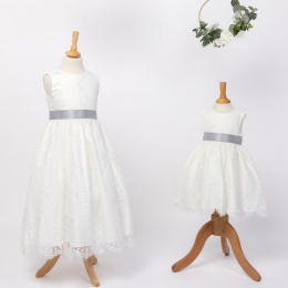 Girls Ivory Fringe Lace Dress with Silver Satin Sash