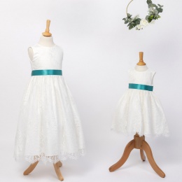 Girls Ivory Fringe Lace Dress with Teal Satin Sash