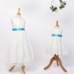 Girls Ivory Fringe Lace Dress with Turquoise Satin Sash