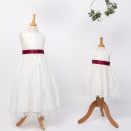 Girls Ivory Fringe Lace Dress with Wine Satin Sash