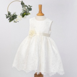 Girls Ivory Fringe Lace Dress with Flower Sash