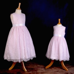 Girls Pink Fringe Lace Dress with White Satin Sash