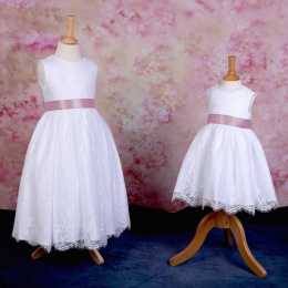Girls White Fringe Lace Dress with Antique Pink Satin Sash