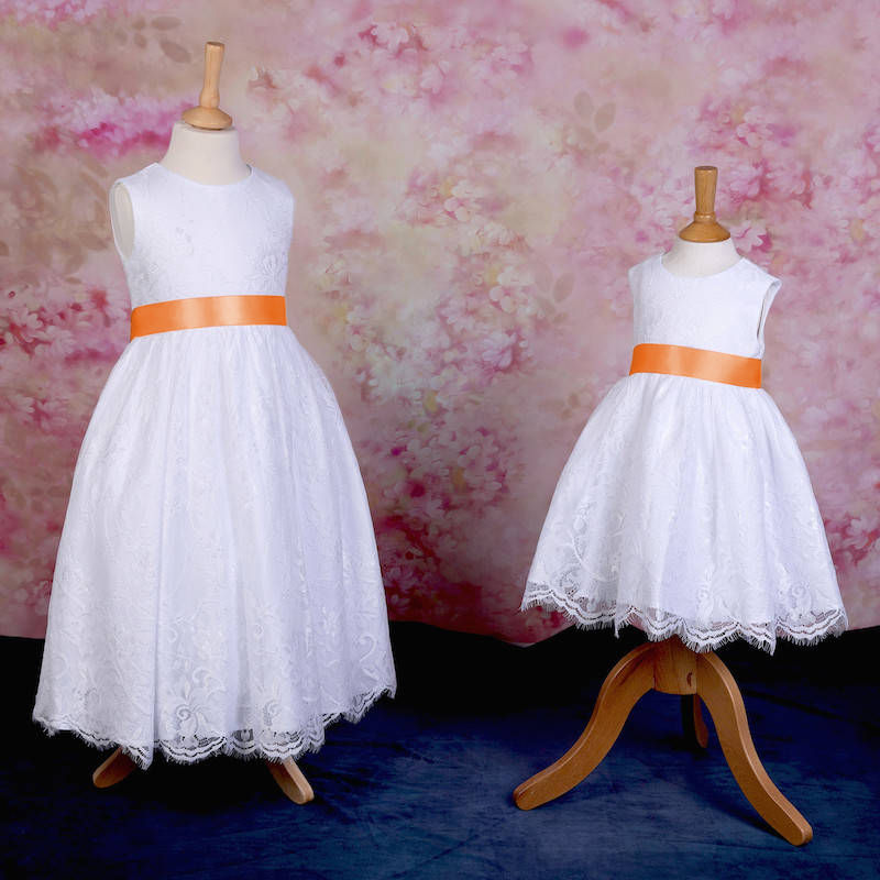 Girls White Fringe Lace Dress with Apricot Spice Satin Sash