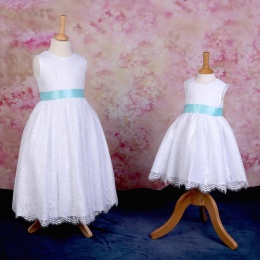 Girls White Fringe Lace Dress with Aqua Satin Sash