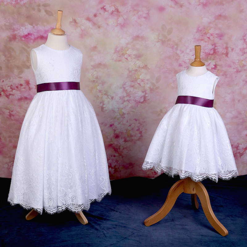 Girls White Fringe Lace Dress with Aubergine Satin Sash