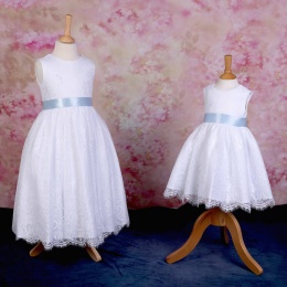 Girls White Fringe Lace Dress with Baby Blue Satin Sash