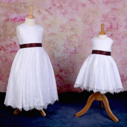 Girls White Fringe Lace Dress with Burgundy Satin Sash