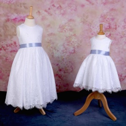 Girls White Fringe Lace Dress with Cornflower Blue Satin Sash