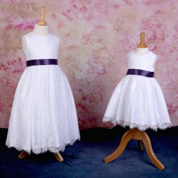 Girls White Fringe Lace Dress with Dark Purple Satin Sash