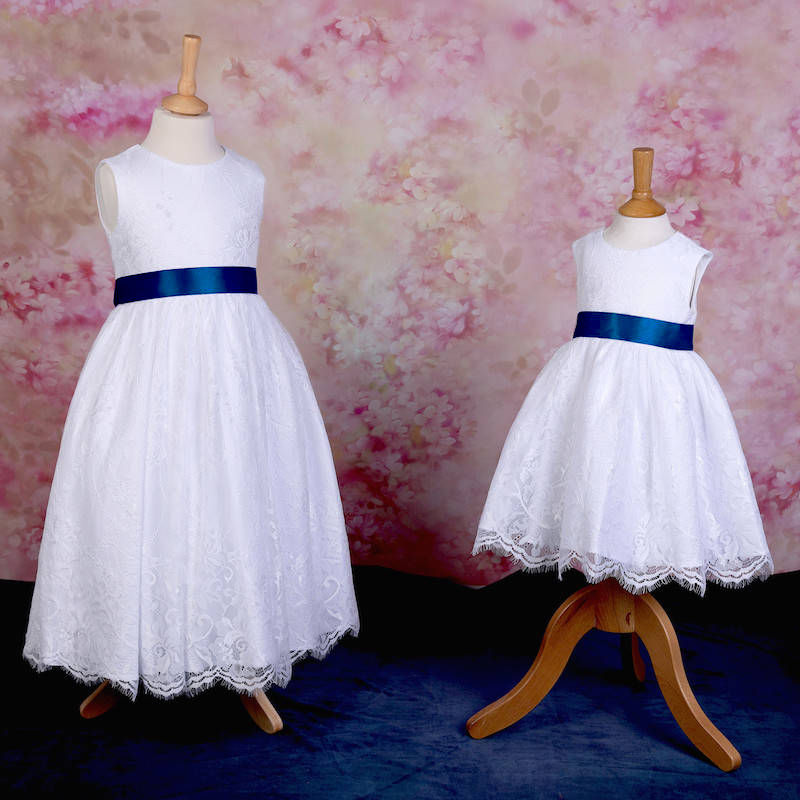 Girls White Fringe Lace Dress with Midnight Blue Satin Sash