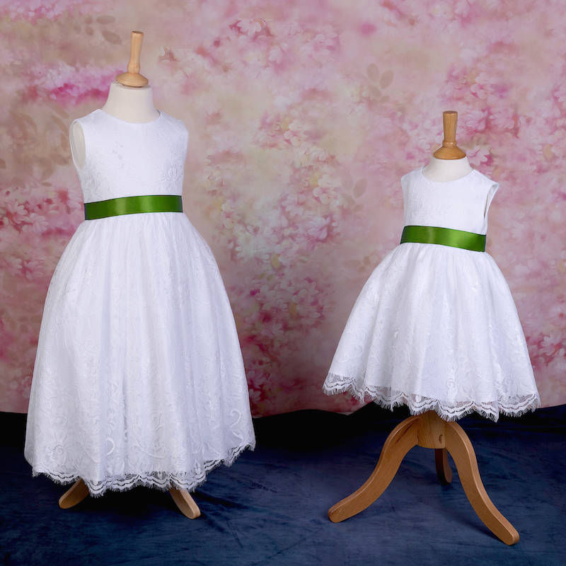 Girls White Fringe Lace Dress with Moss Green Satin Sash