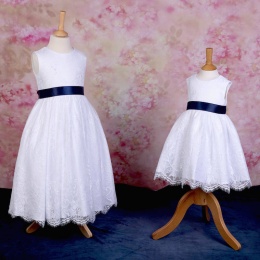 Girls White Fringe Lace Dress with Navy Satin Sash