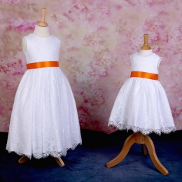 Girls White Fringe Lace Dress with Orange Satin Sash