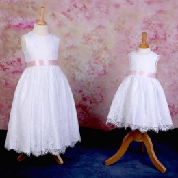 Girls White Fringe Lace Dress with Pale Pink Satin Sash