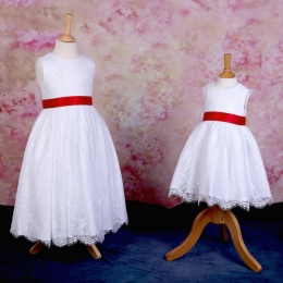 Girls White Fringe Lace Dress with Red Satin Sash