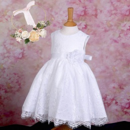 Girls White Fringe Lace Dress with Flower Sash