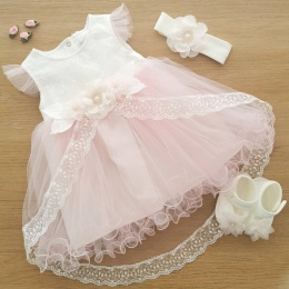 Baby Girls Pink Flower Tulle Dress, Headband & Shoes