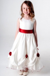 Girls Red & Ivory Rose Satin Tulle Dress