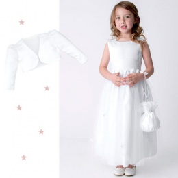 Girls White Butterfly Dress, Dolly Bag & Long Bolero