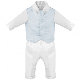 Baby Boys White & Blue Swirl 4 Piece Satin Christening Suit