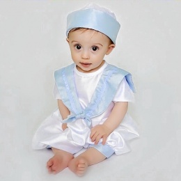 Baby Boys Blue & White Dupion Christening Romper & Hat