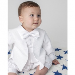 Baby Boys White Diamond Tuxedo Christening Romper Suit