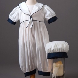 Baby Boys White & Navy Sailor Style Cotton Christening Romper & Hat