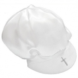 Baby Boys White Satin Cap Hat with Silver Cross
