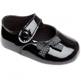 Baby Girls Black Patent Polka Dot Bow Baypods Pram Shoes