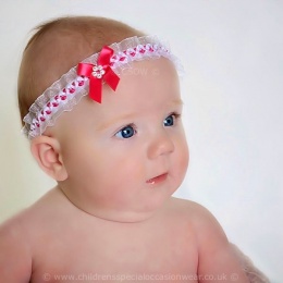 Baby Girls Cerise Pink & White Organza Headband with Satin & Diamante Bow