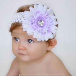 Baby Girls Lilac & White Large Diamante Flower Crochet Headband