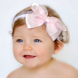 Baby Girls Pink & White Organza Headband with Large Satin & Organza Bow