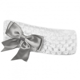 Baby Girls White Crochet Headband with Silver Satin Bow