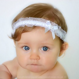 Baby Girls White Organza Headband with Satin & Diamante Bow
