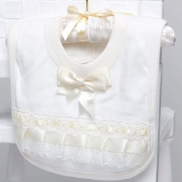 Ivory Cotton Bib with Lace & Satin Bow