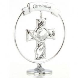 Baby Silver Plated & Swarovski Crystal Cross Christening Ornament Gift