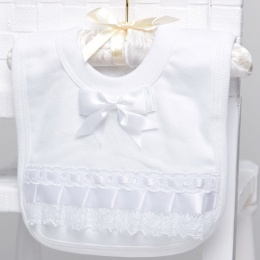 White Cotton Bib with Lace & Satin Bow