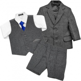 Boys Grey Tweed Herringbone 5 Piece Shorts Suit with Jacket