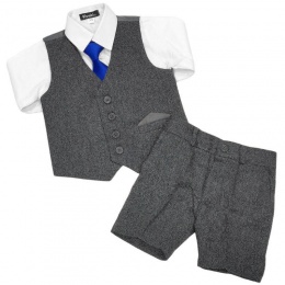 Boys Dark Grey Tweed Herringbone 4 Piece Shorts Suit