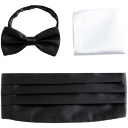 Boys Black Satin Cummerbund with Dickie Bow Tie & White Pocket Square