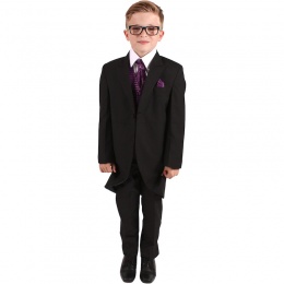 Boys Black & Diamond Purple 8 Piece Tail Suit