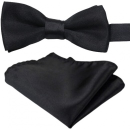 Boys Black Satin Adjustable Dickie Bow & Pocket Square