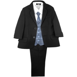 Boys Black & Chambray Blue Tartan Check 5 Piece Suit