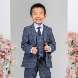 Boys Blue Tartan Check Soft Tweed 5 Piece Jacket Suit